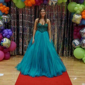 Sherri Hill, Size 4, Teal formal ballgown dress with separate puff sleeves